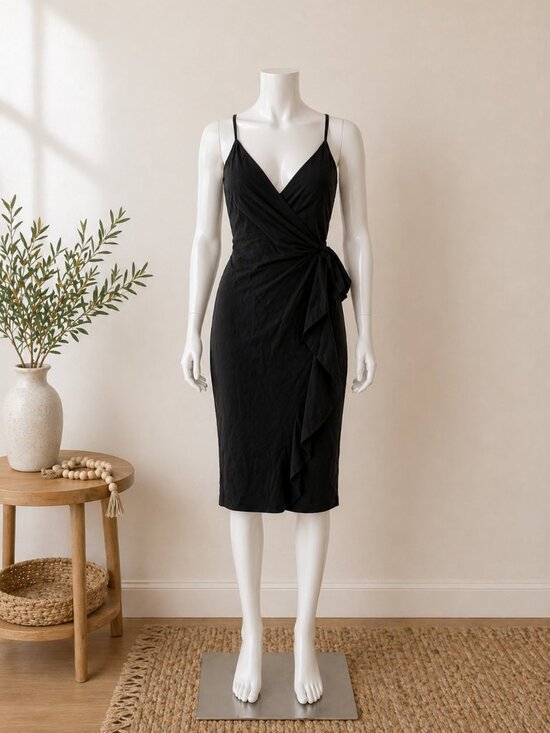 Cupshe Dresses & Skirts - Cupshe Black Wrap Midi Dress NWT Size Medium Spaghetti Strap Ruched Side